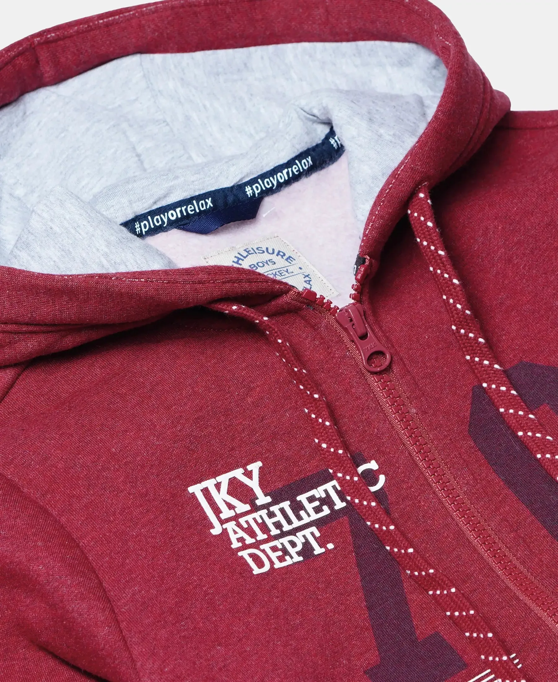 Boy's Super Combed Cotton Rich Fleece Fabric Graphic Printed Hoodie Jacket - Red Melange
