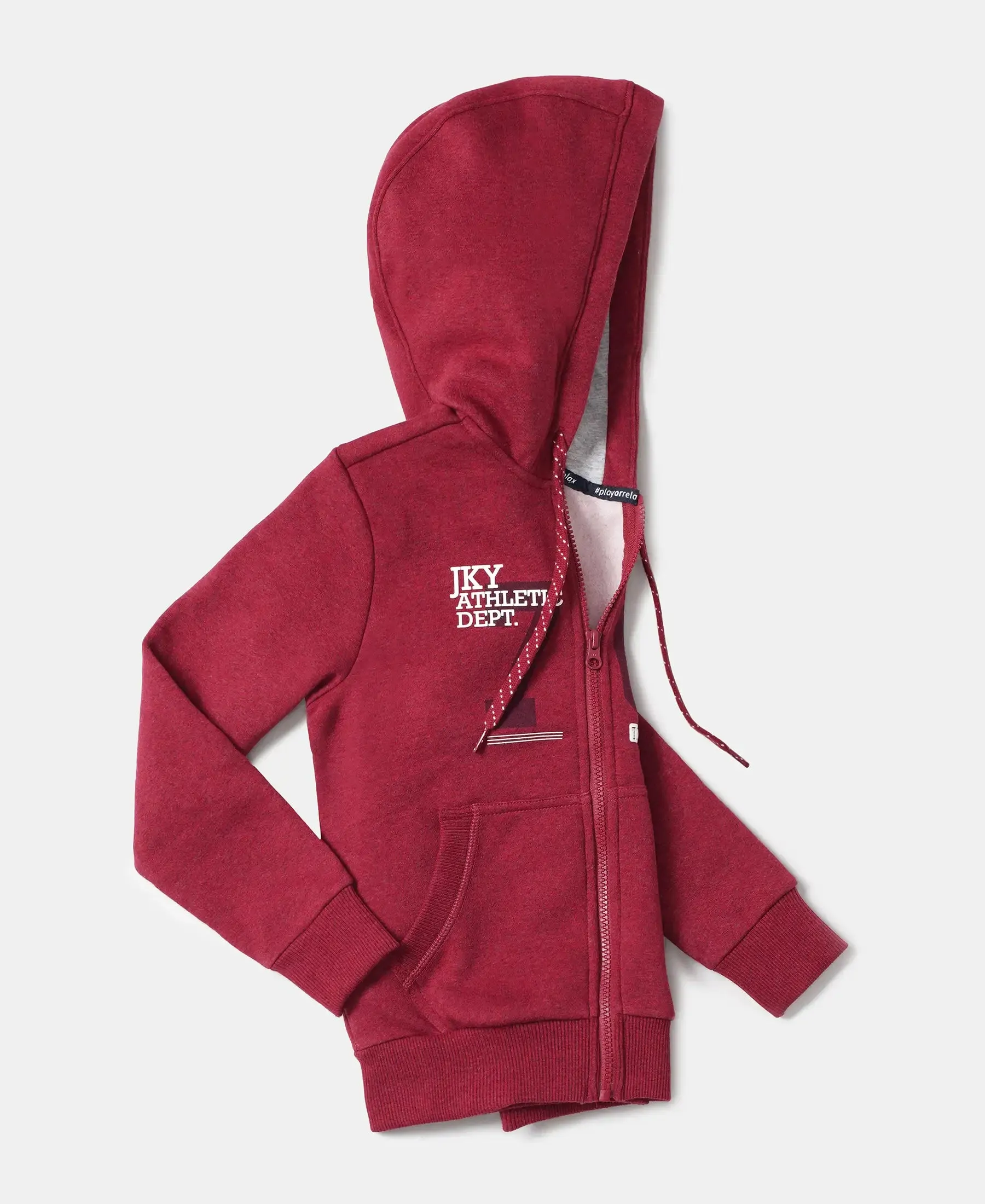 Boy's Super Combed Cotton Rich Fleece Fabric Graphic Printed Hoodie Jacket - Red Melange