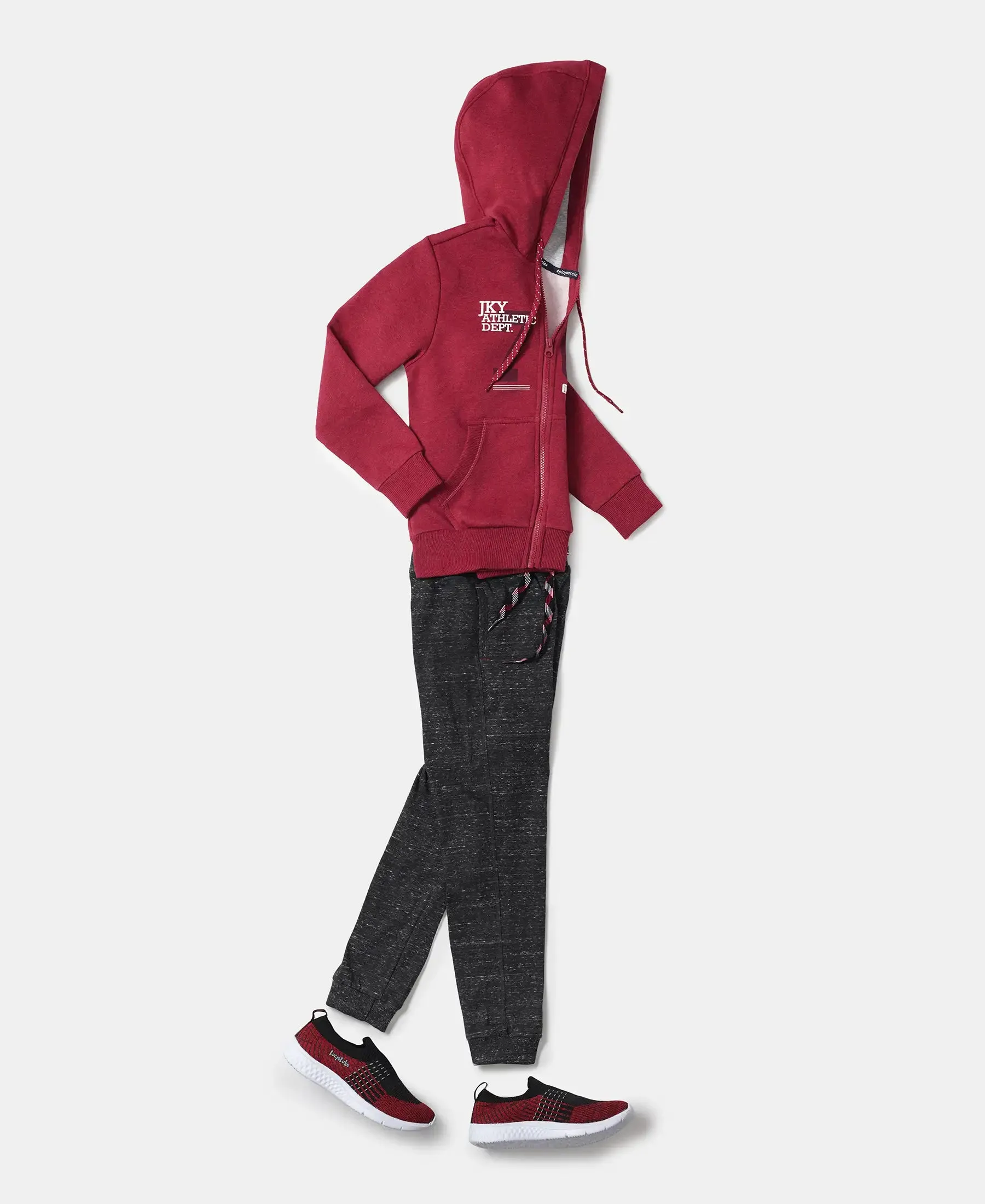 Boy's Super Combed Cotton Rich Fleece Fabric Graphic Printed Hoodie Jacket - Red Melange