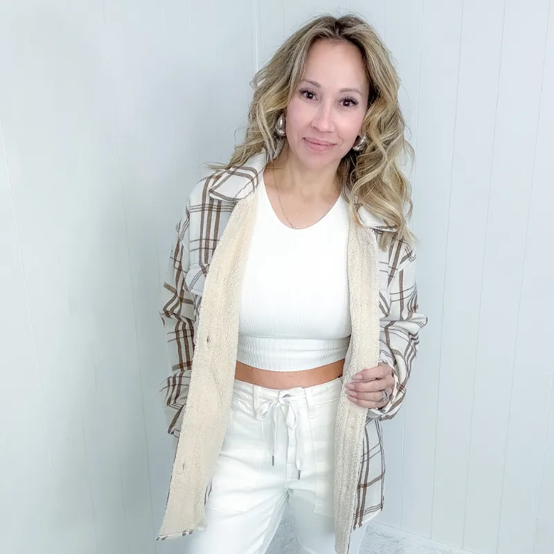 Call me Saturday Natural Plaid and Faux Sherpa Jacket