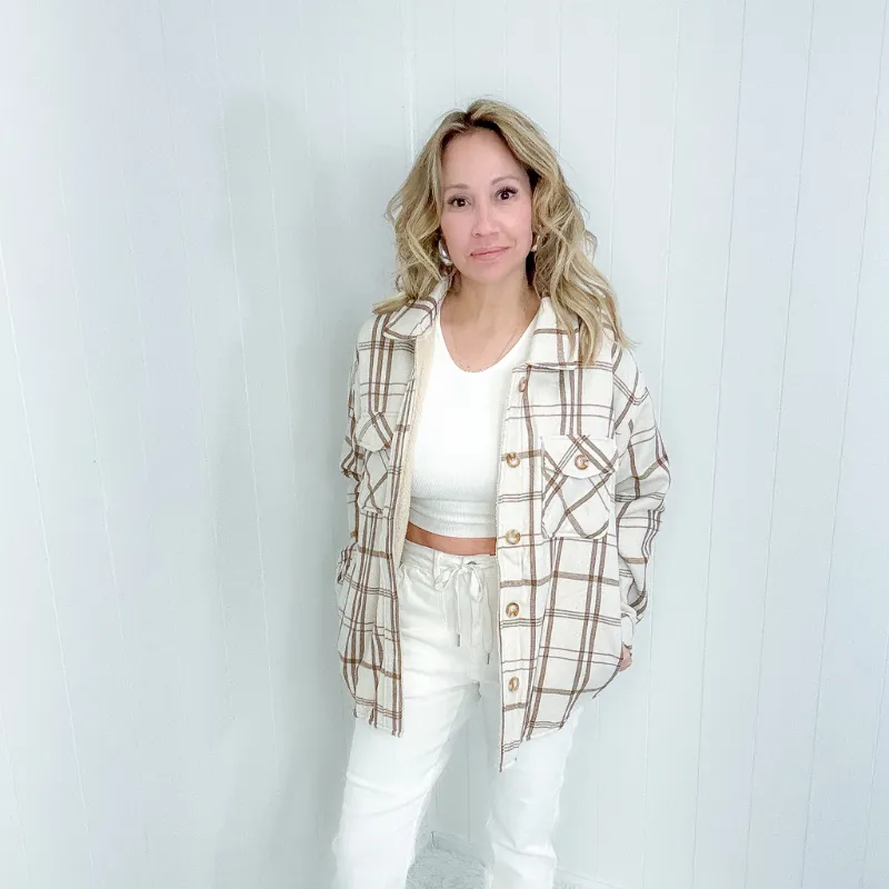 Call me Saturday Natural Plaid and Faux Sherpa Jacket