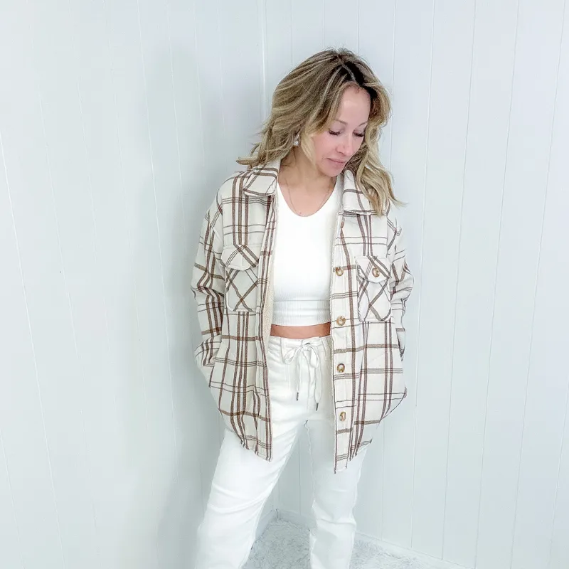 Call me Saturday Natural Plaid and Faux Sherpa Jacket