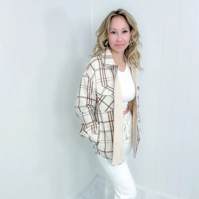Call me Saturday Natural Plaid and Faux Sherpa Jacket