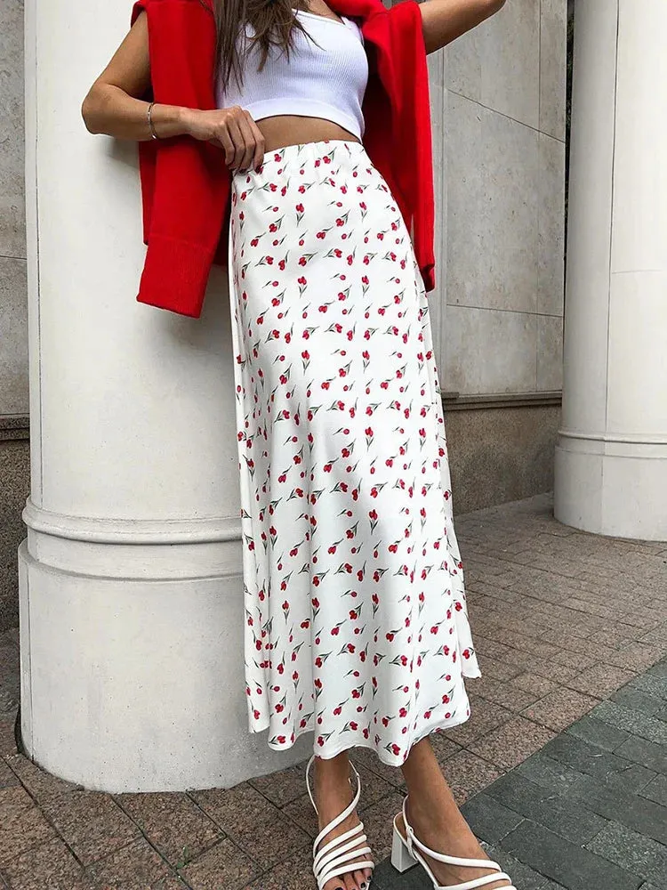 Cherry A-shaped Fish Tail Patchwork Skirt with Print