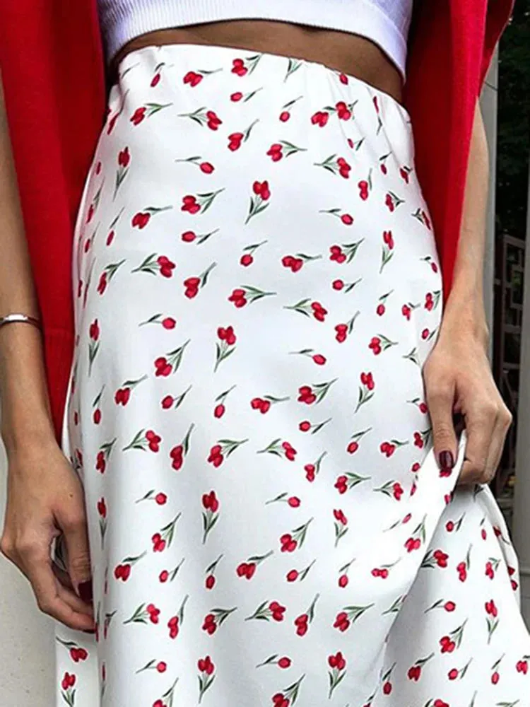 Cherry A-shaped Fish Tail Patchwork Skirt with Print