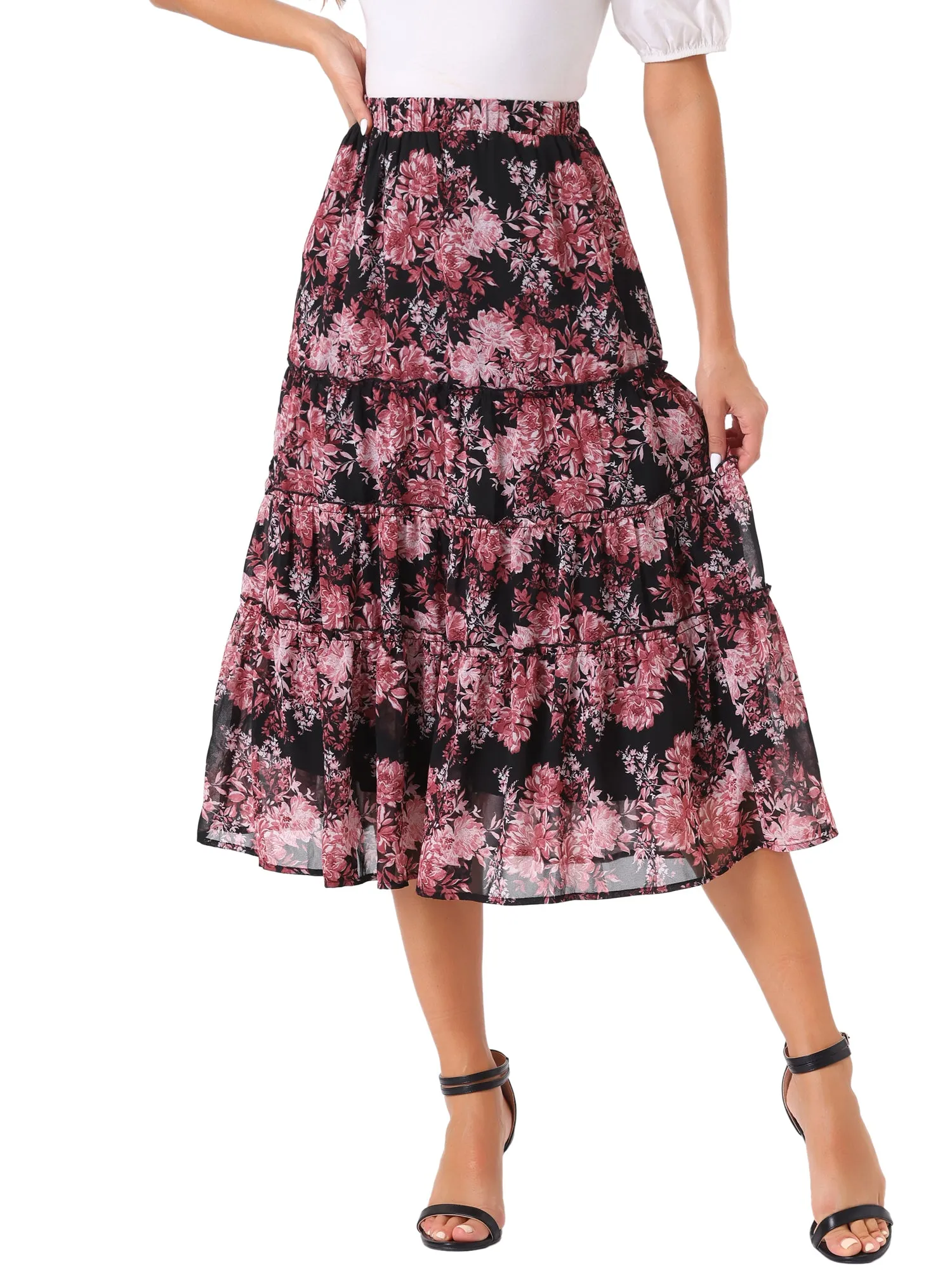 Chiffon Floral Printed Long Tiered Ruffle Boho Midi Skirt