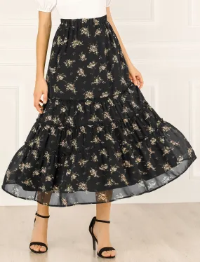 Chiffon Floral Printed Long Tiered Ruffle Boho Midi Skirt