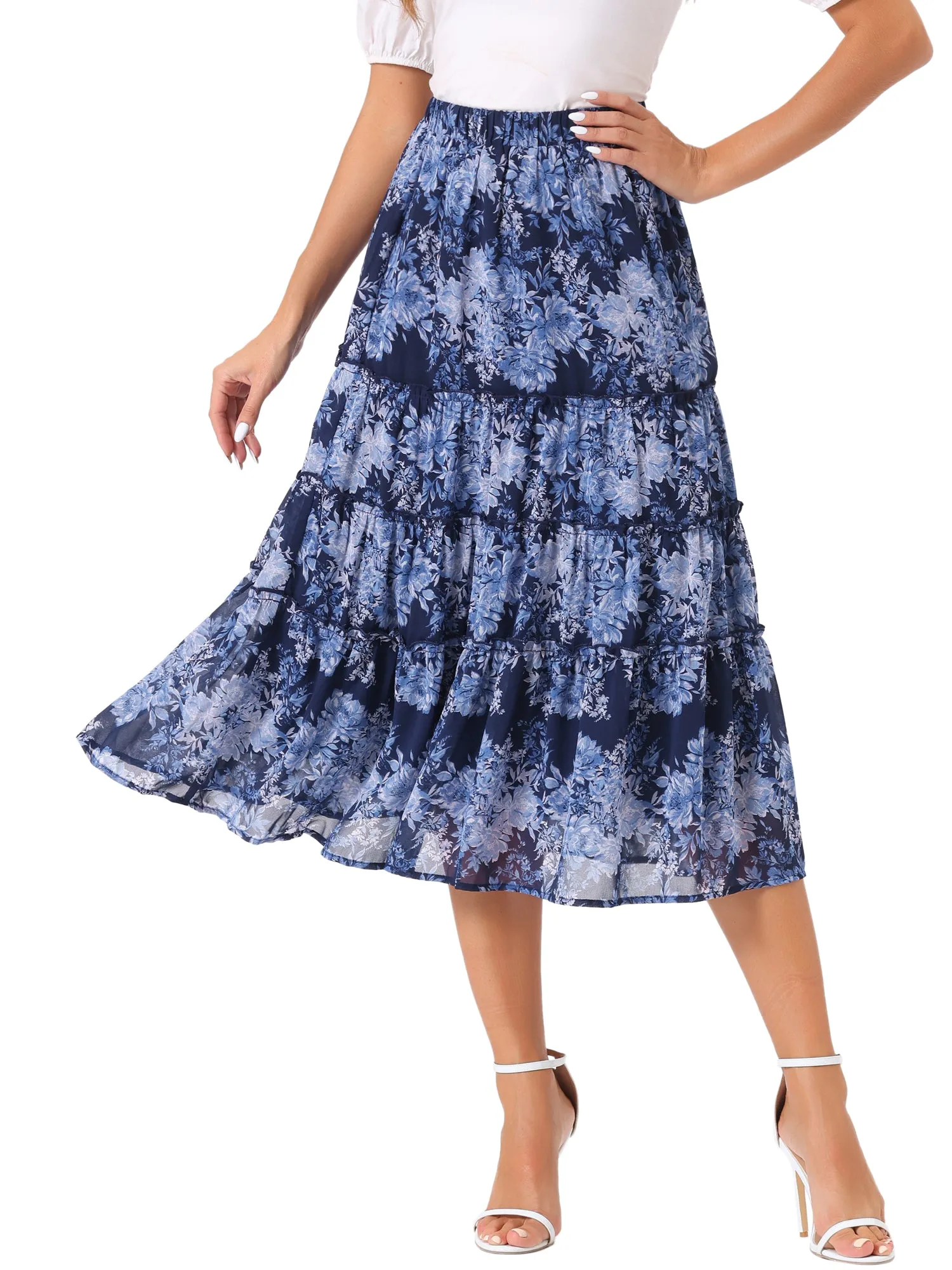 Chiffon Floral Printed Long Tiered Ruffle Boho Midi Skirt
