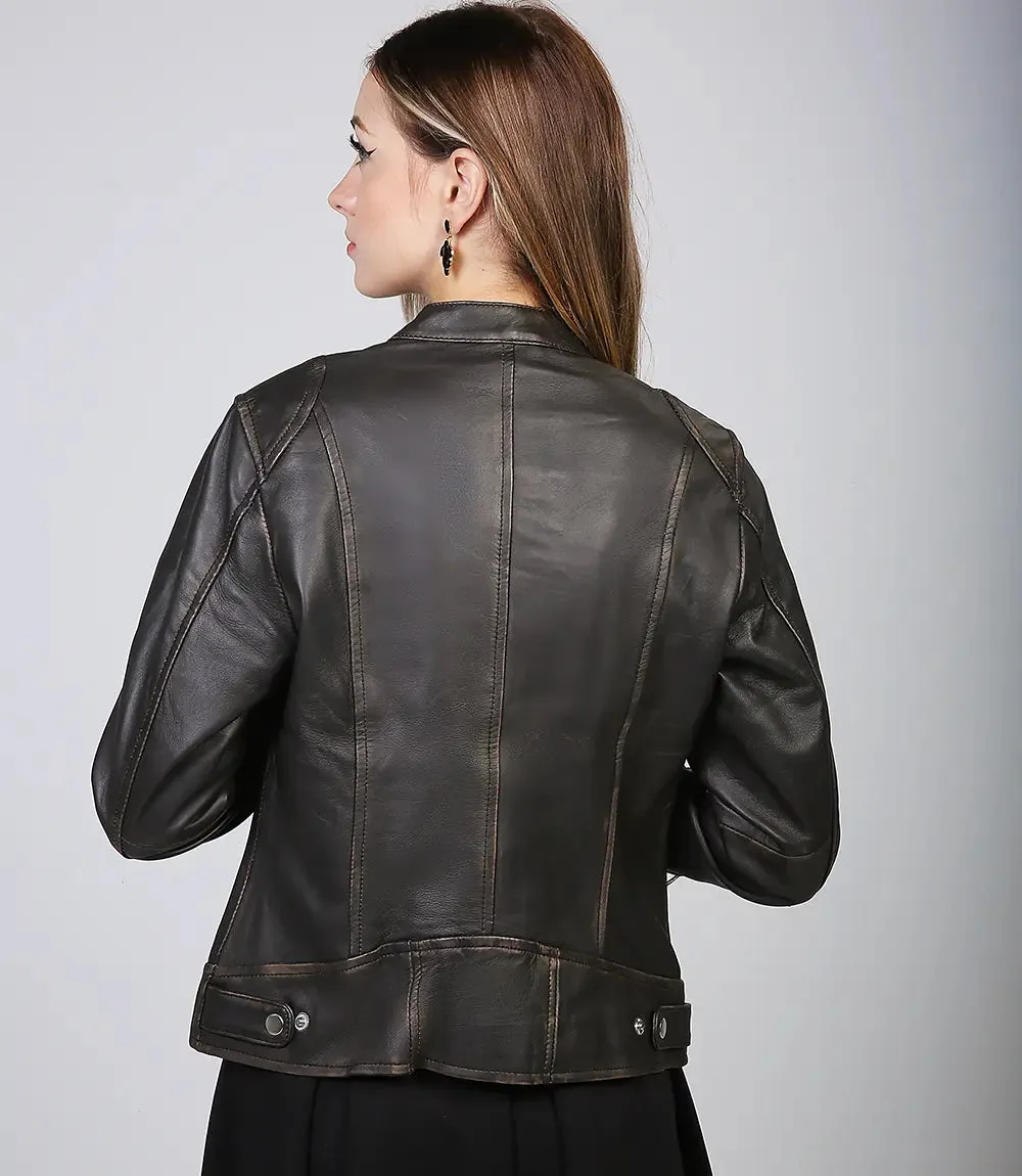 Dodge Women's Brown Rub off Motorcycle Leather Jacket