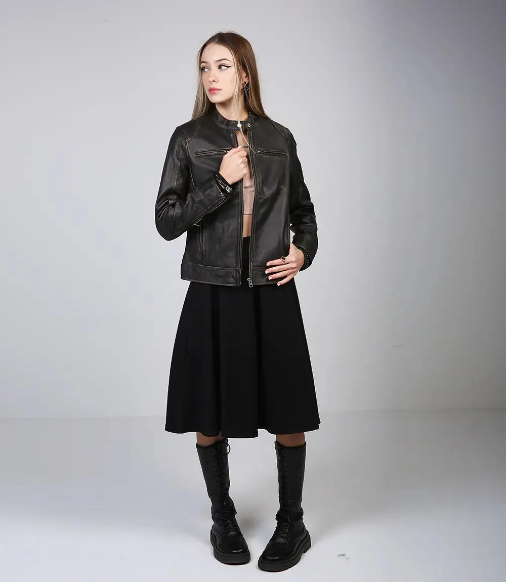 Dodge Women's Brown Rub off Motorcycle Leather Jacket