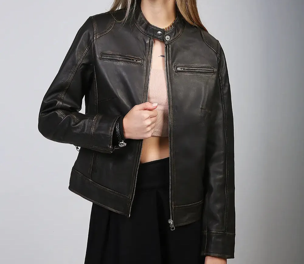Dodge Women's Brown Rub off Motorcycle Leather Jacket
