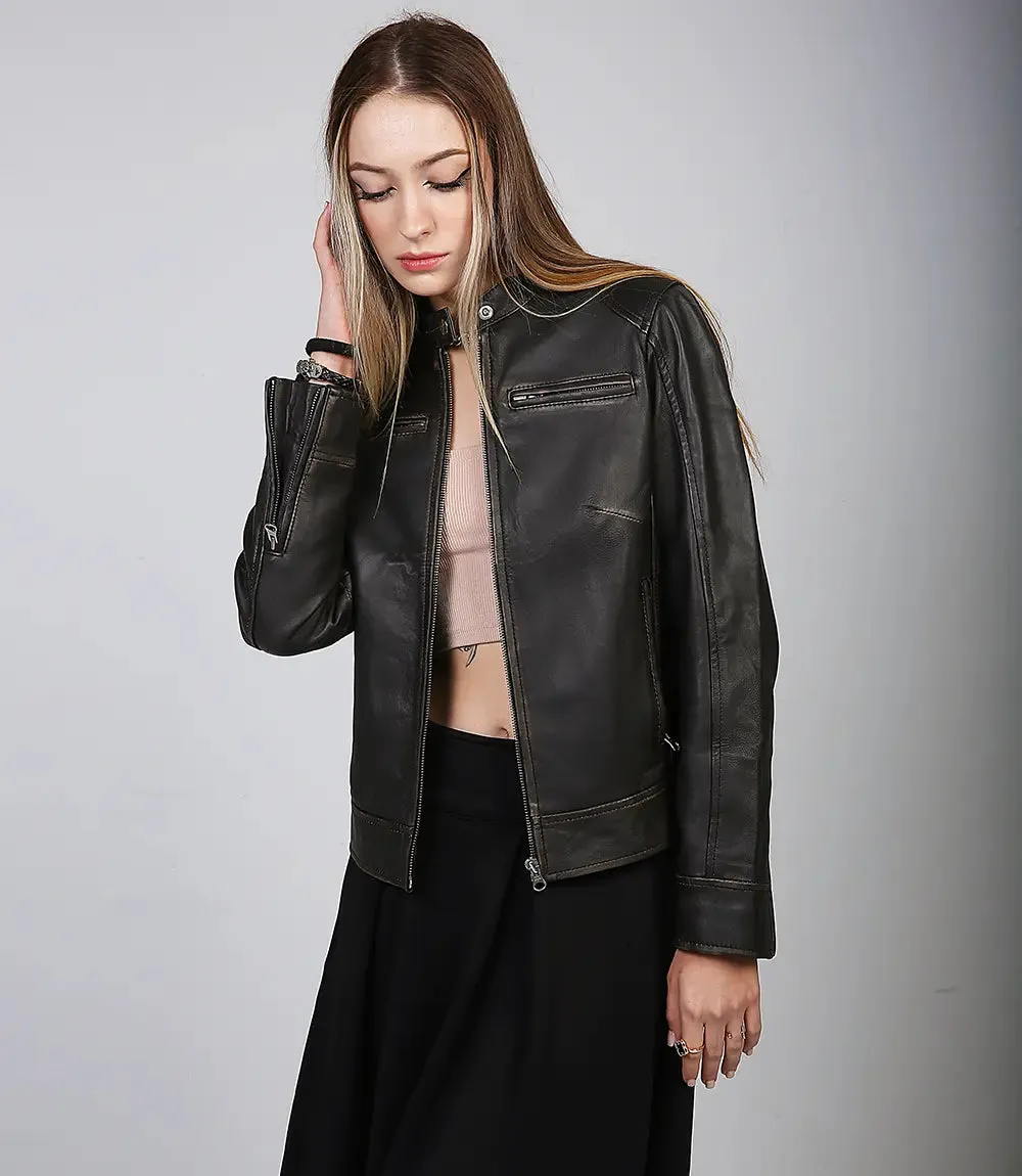 Dodge Women's Brown Rub off Motorcycle Leather Jacket