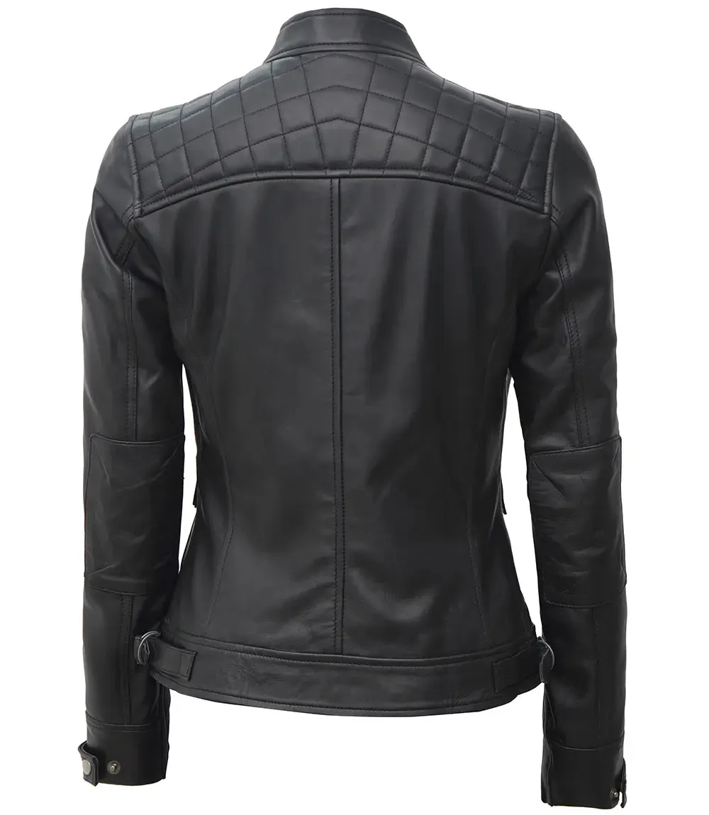 Johnson Petite Women Black Cafe Racer Leather Jacket