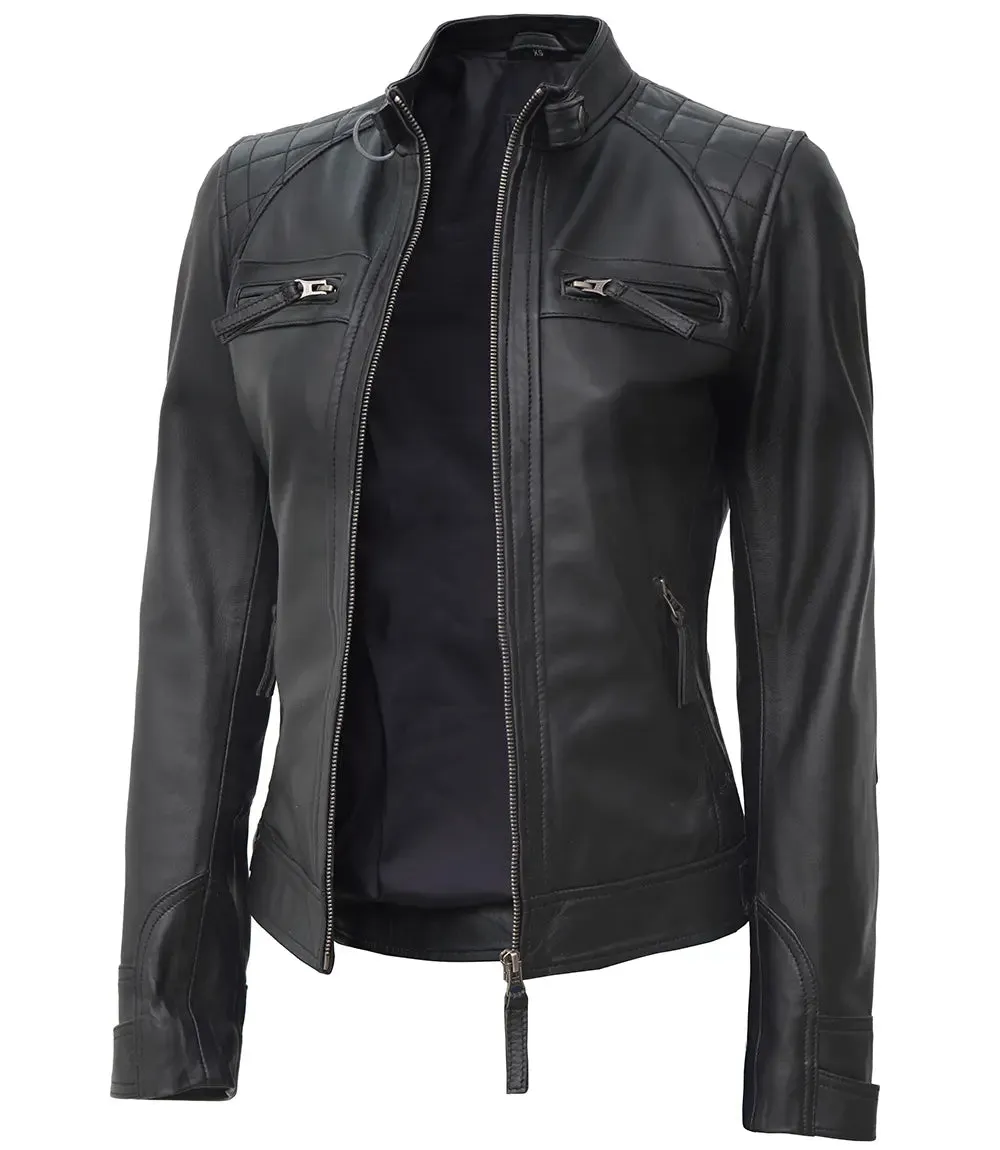 Johnson Petite Women Black Cafe Racer Leather Jacket