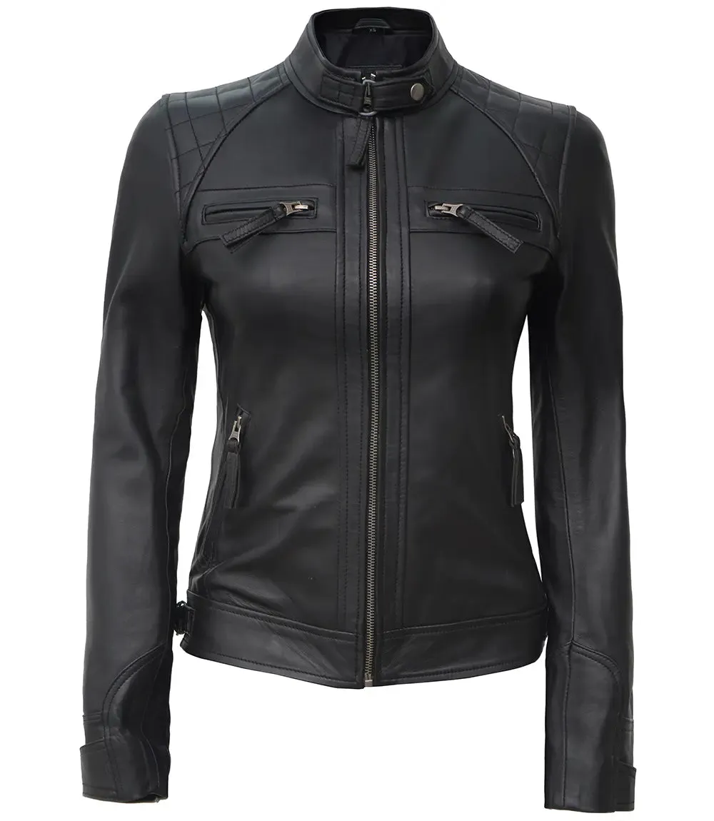 Johnson Petite Women Black Cafe Racer Leather Jacket