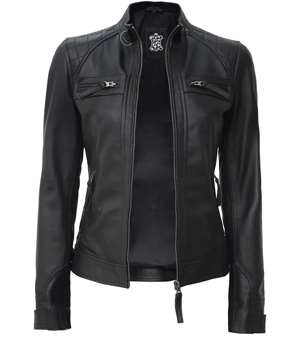 Johnson Petite Women Black Cafe Racer Leather Jacket