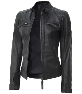 Johnson Petite Women Black Cafe Racer Leather Jacket