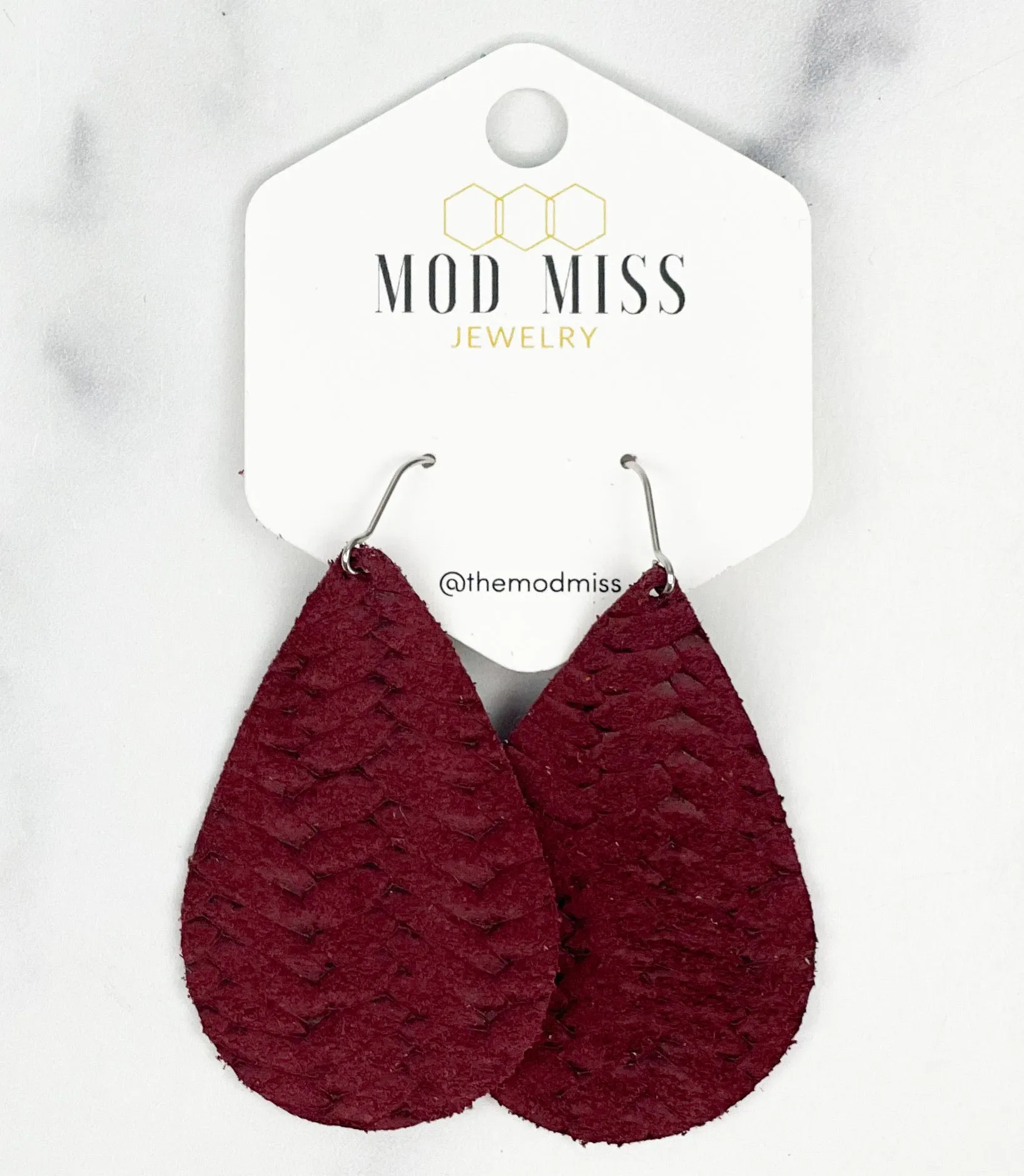 Leather Teardrop Earring Weaved Maroon