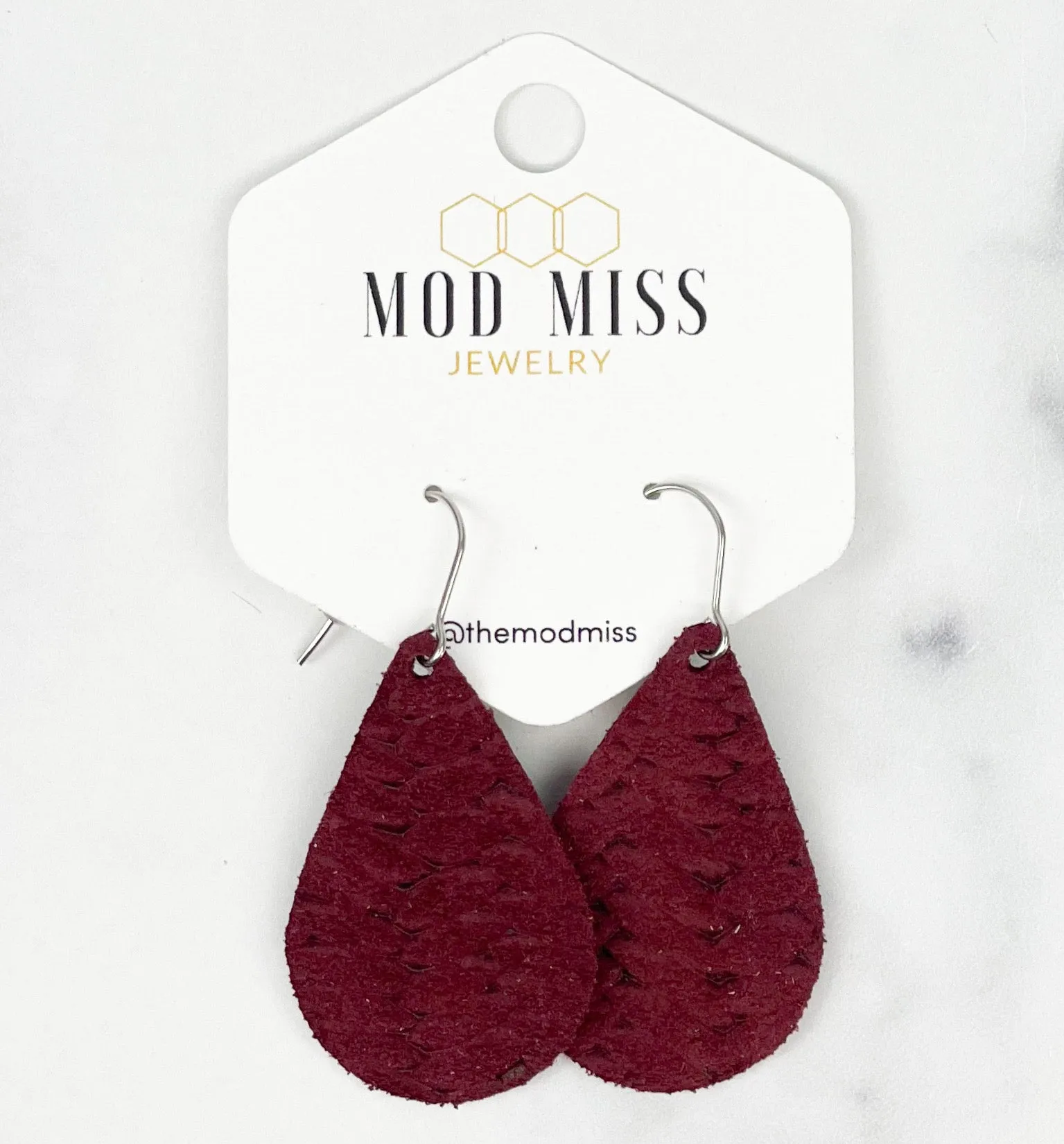 Leather Teardrop Earring Weaved Maroon