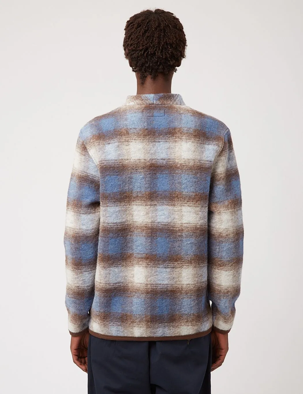 Universal Works Cardigan (Checked Wool Fleece) - Blue/Brown