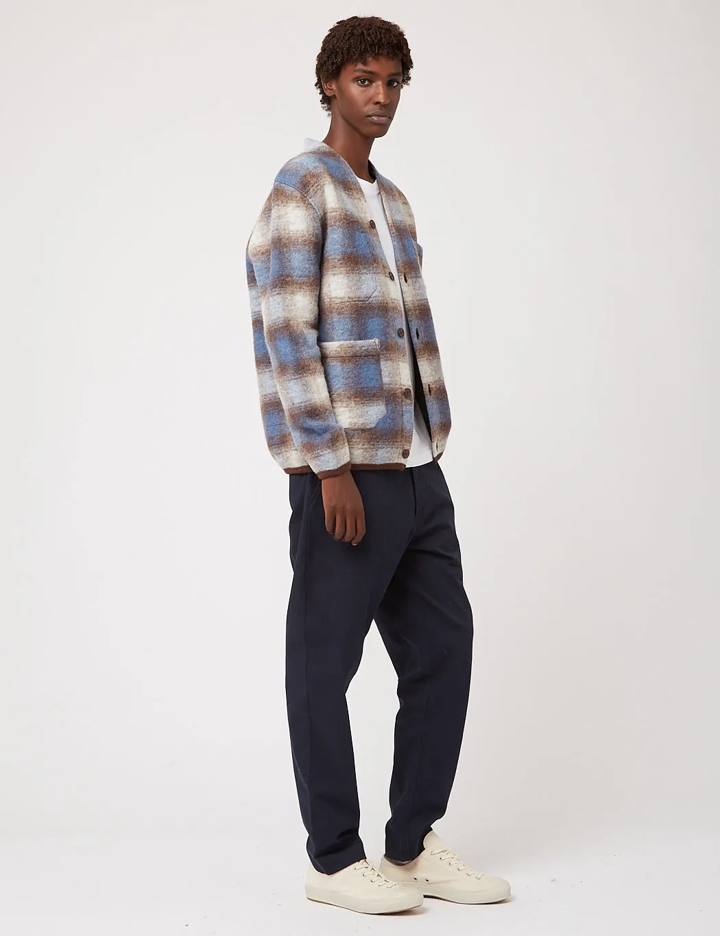 Universal Works Cardigan (Checked Wool Fleece) - Blue/Brown