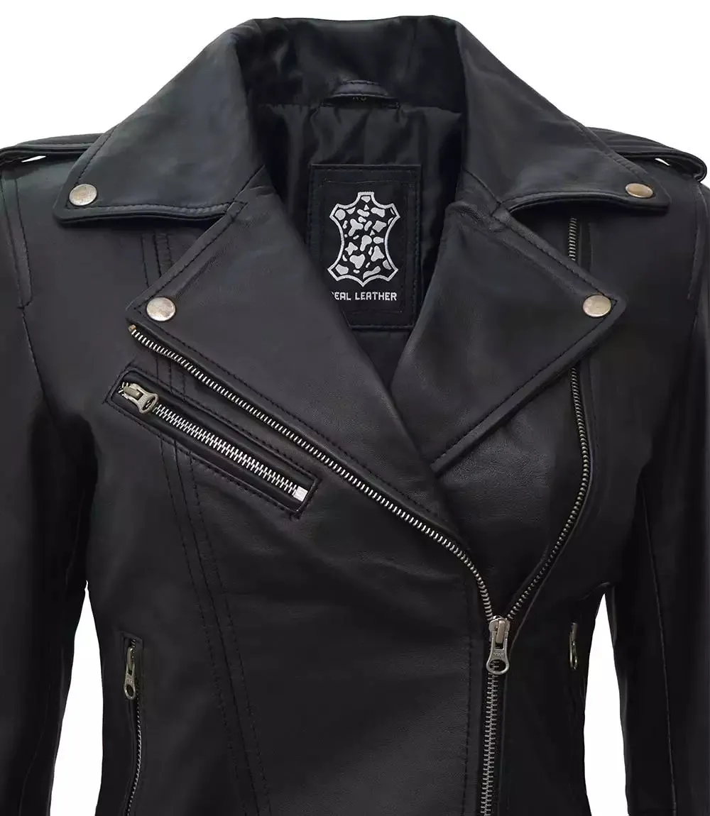 Womens Black Asymmetrical Biker Leather Jacket