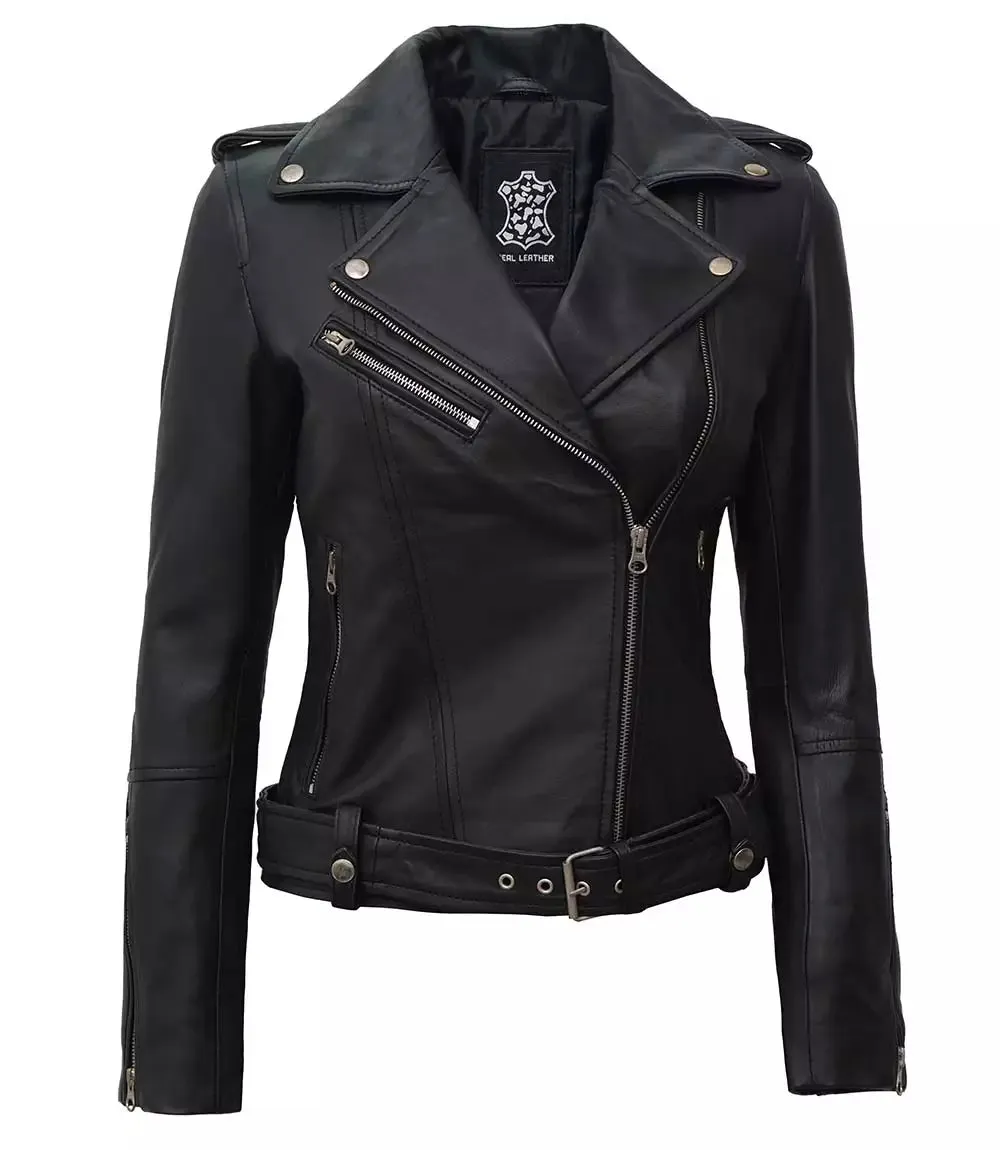 Womens Black Asymmetrical Biker Leather Jacket